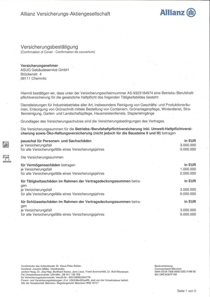 Allianz - Versicherungsbestätigung Haftpflicht-001 | Der beste Hausmeister der Stadt
